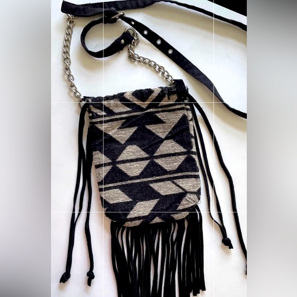 AEO American Eagle NEW Fabric Aztec Suede Fringe Drawstring Crossbody Bag - Picture 3 of 14
